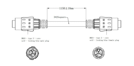 PowerCON 3-Pin Male-to-Male Connector Cable - 3 Feet, 300/500V, Solder Cup, 3 Position Circular Connectors